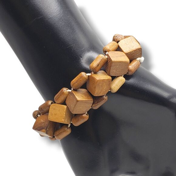 Brown Wood Cube Cylinder Bead Stretch Bracelet Retro Geometric - Picture 3 of 6